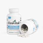 Ecovital dental and oral health chewable supplement bottle with open cap on a white background