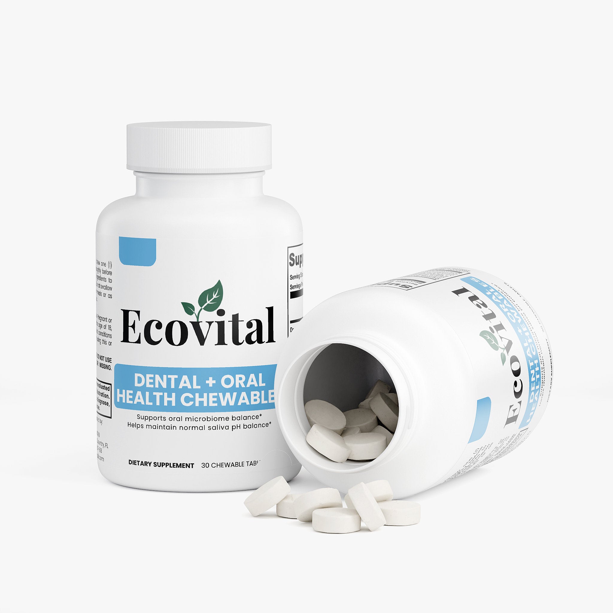 Ecovital dental and oral health chewable supplement bottle with open cap on a white background