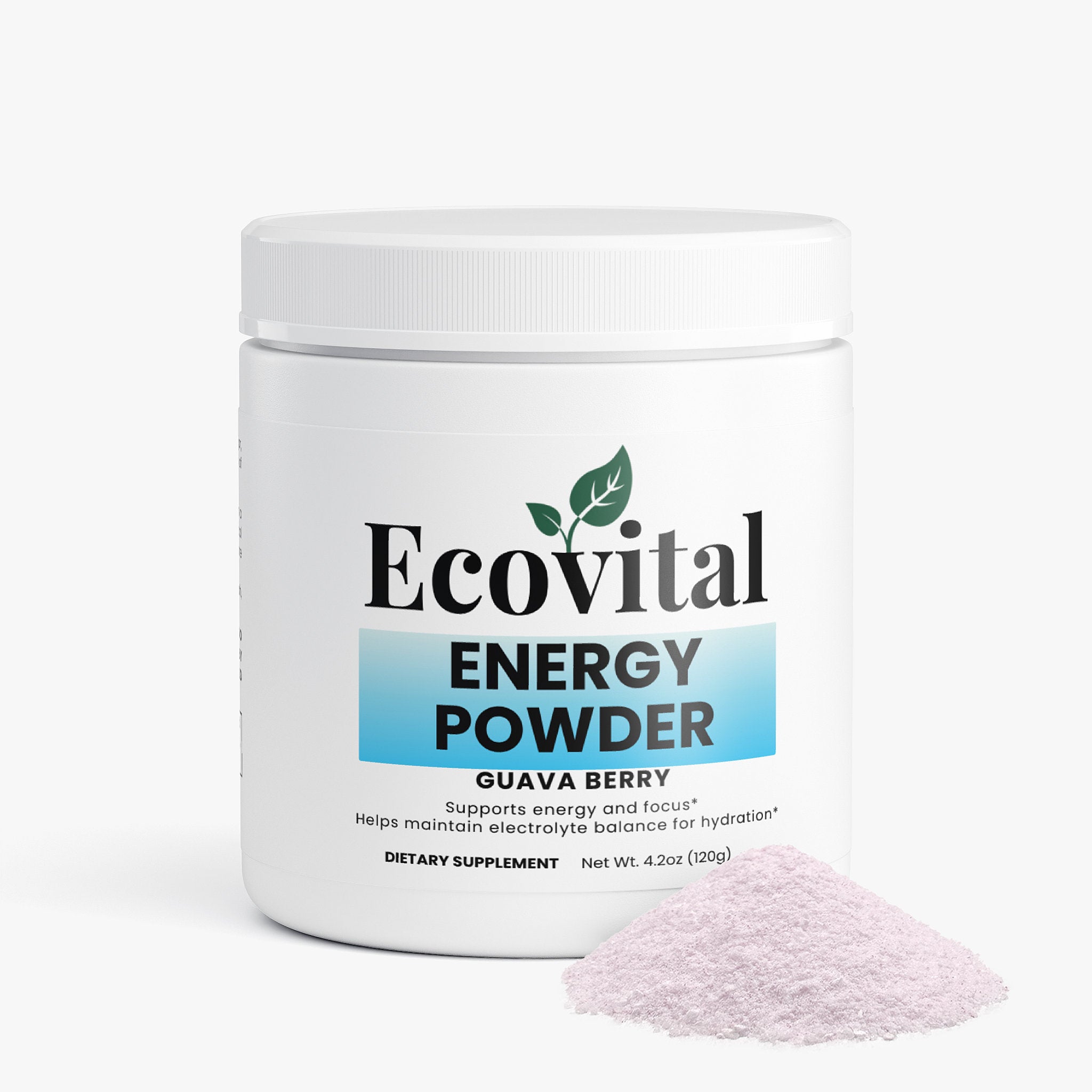 Container of Ecovital Energy Powder with guava berry flavor on a white background