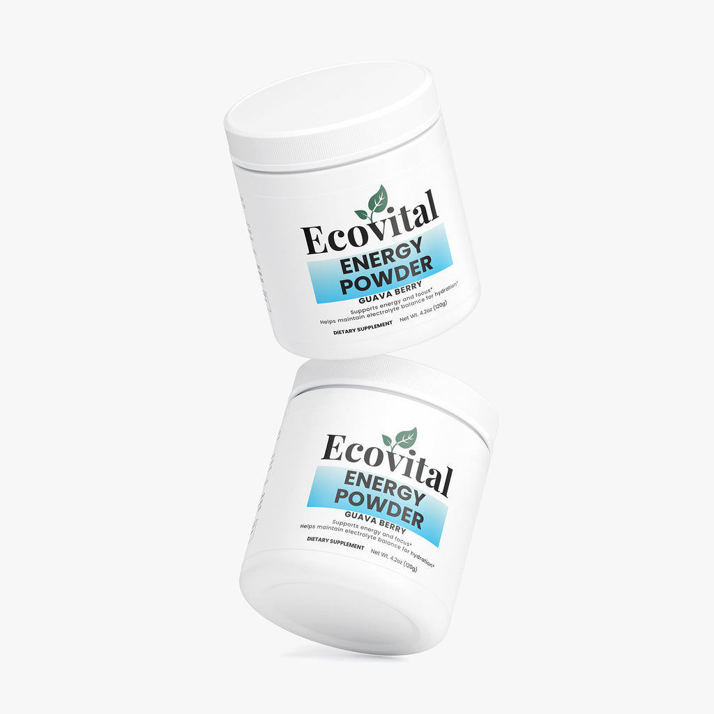 Two containers of Ecovital Energy Powder on a white background