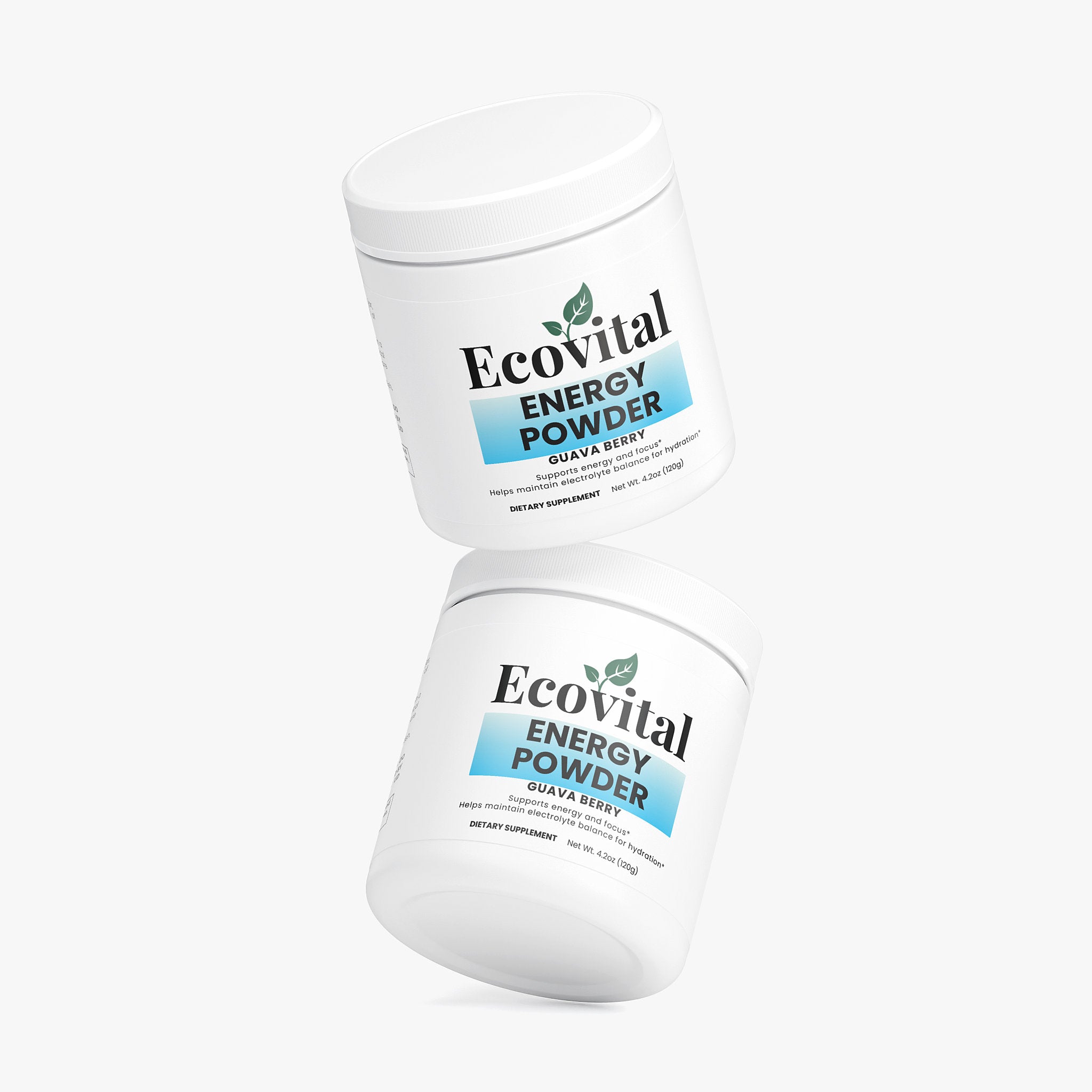 Two containers of Ecovital Energy Powder on a white background