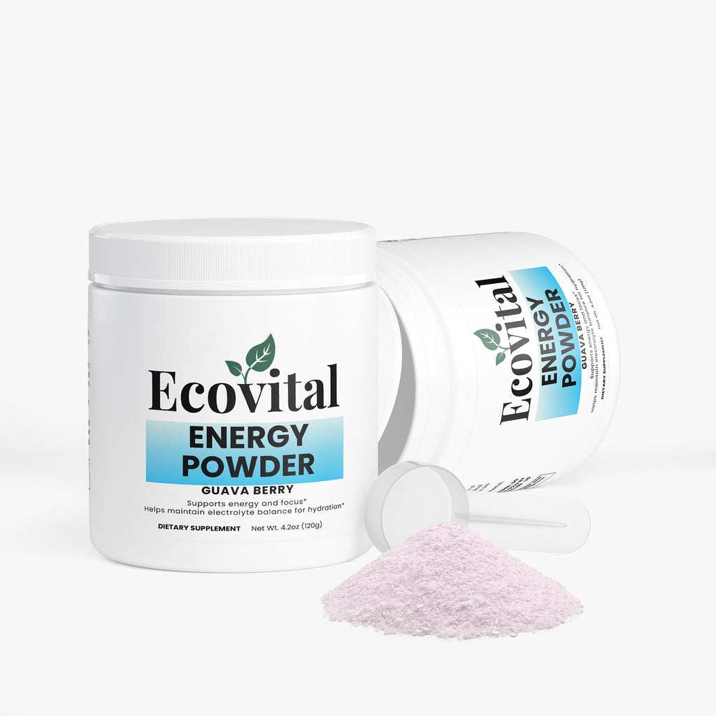 Ecovital Energy Powder container with a scoop of powder on a white background
