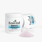 Ecovital Energy Powder container with a scoop of powder on a white background