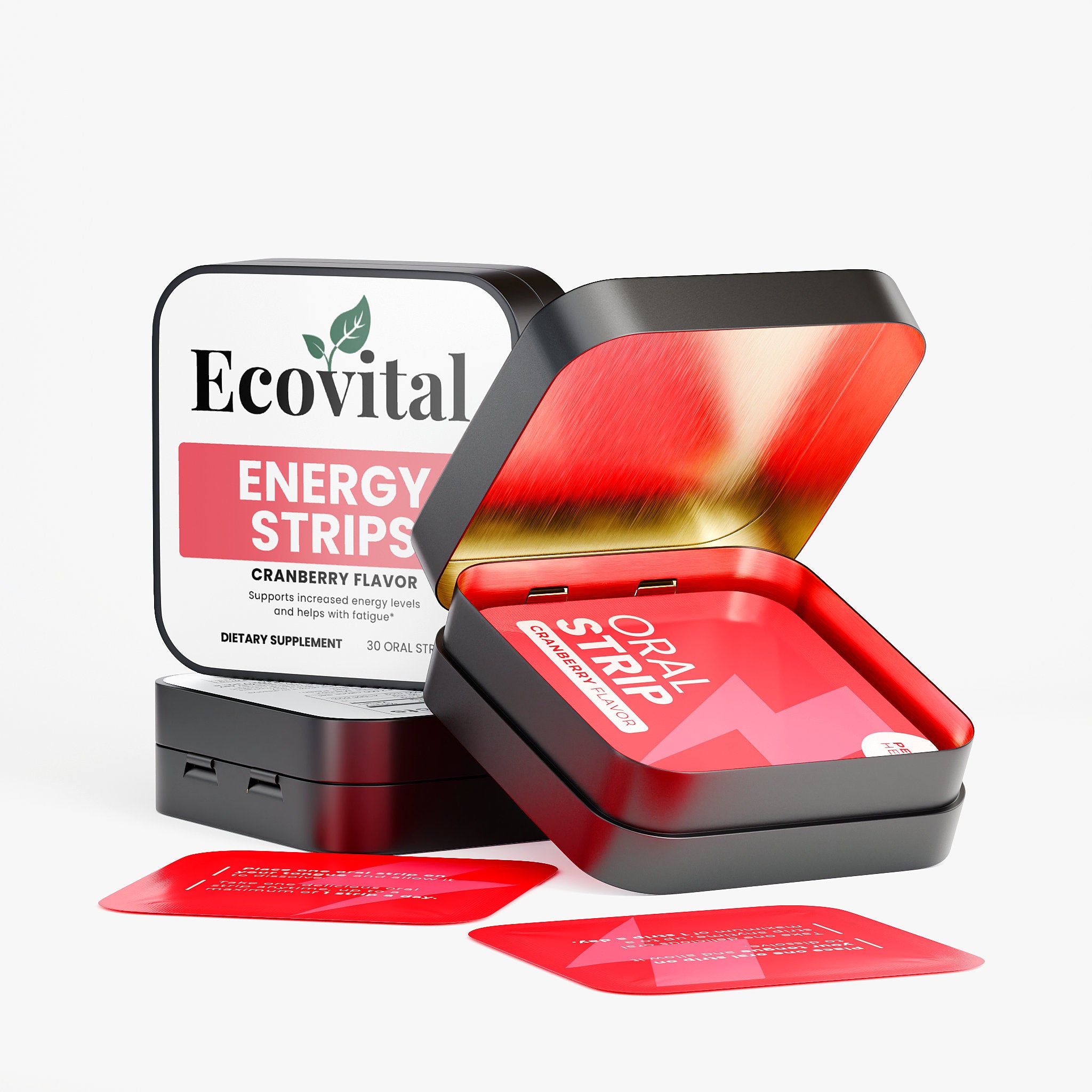 Ecovital energy strips packaging with red strips on a white background