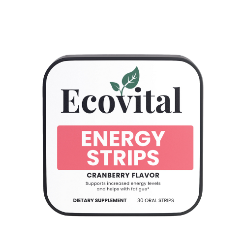 Ecovital Energy Strips packaging with cranberry flavor on a white background
