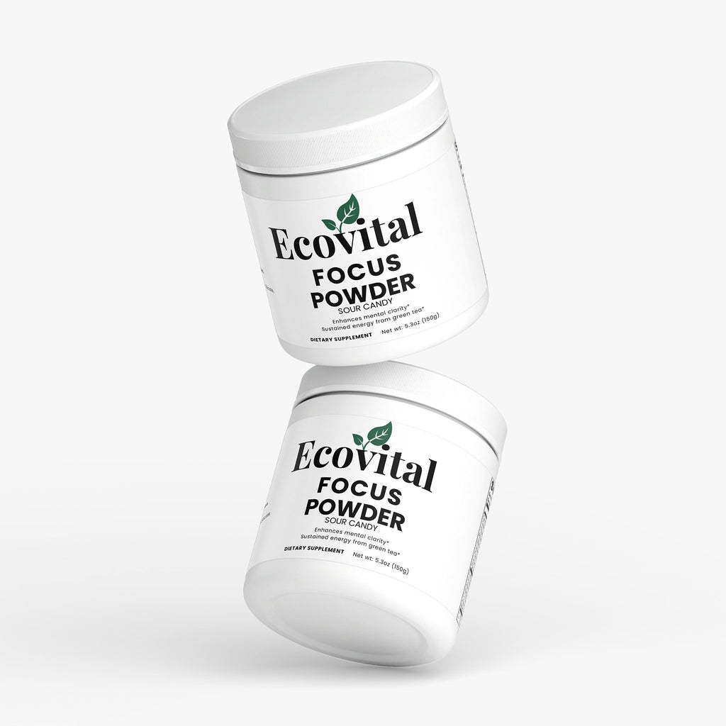 Two containers of Ecovital Focus Powder on a white background