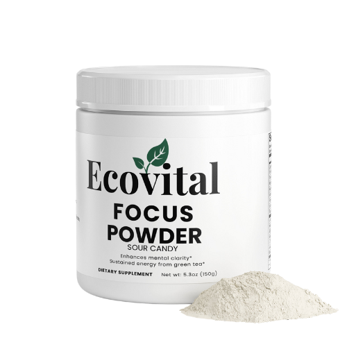 Ecovital Focus Powder container with powder spilling out on a white background