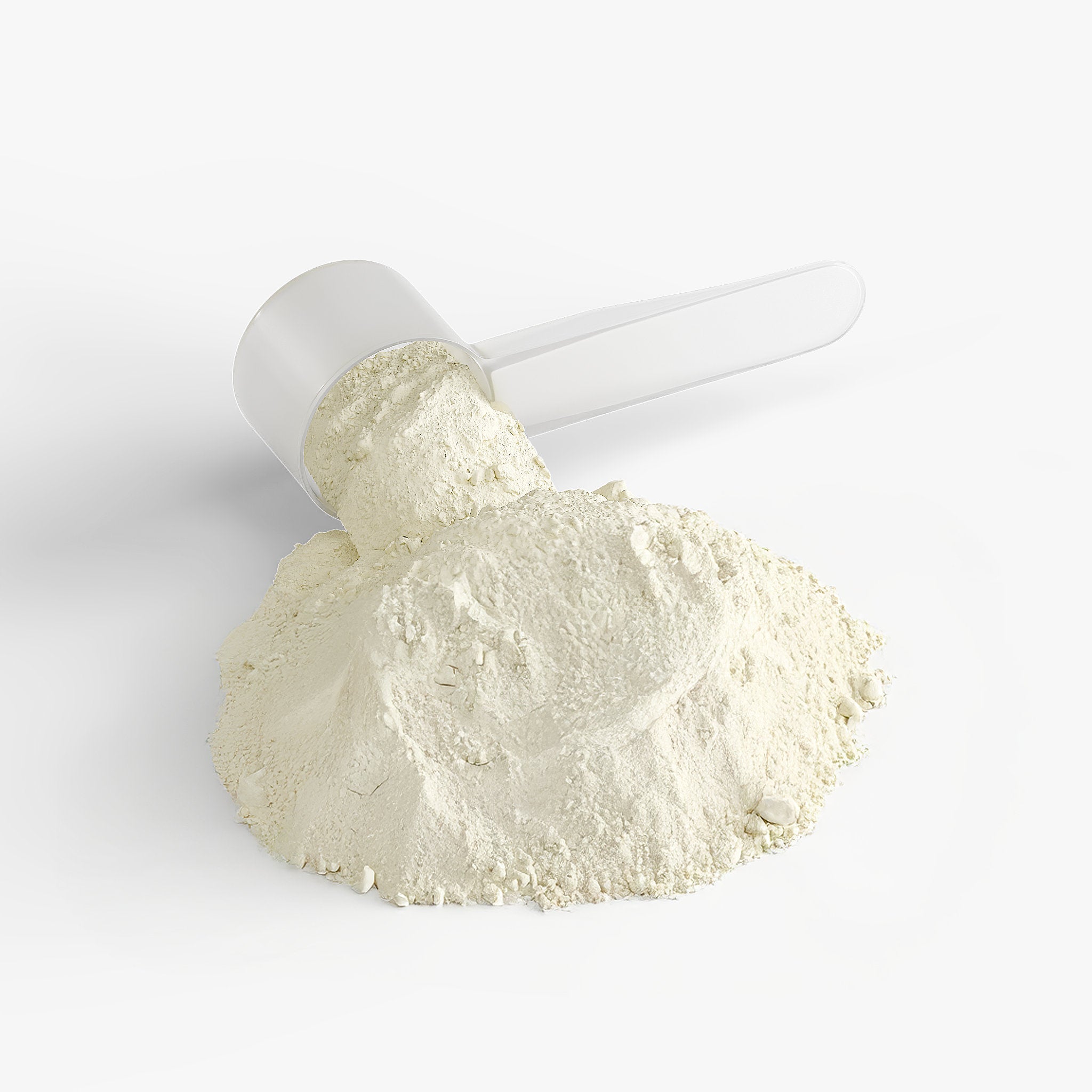White powder in a measuring scoop on a white background