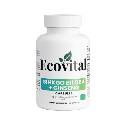 Ecovital Ginkgo Biloba + Ginseng supplement bottle on a white background