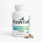 Ecovital Ginkgo Biloba + Ginseng supplement bottle with capsules on a white background