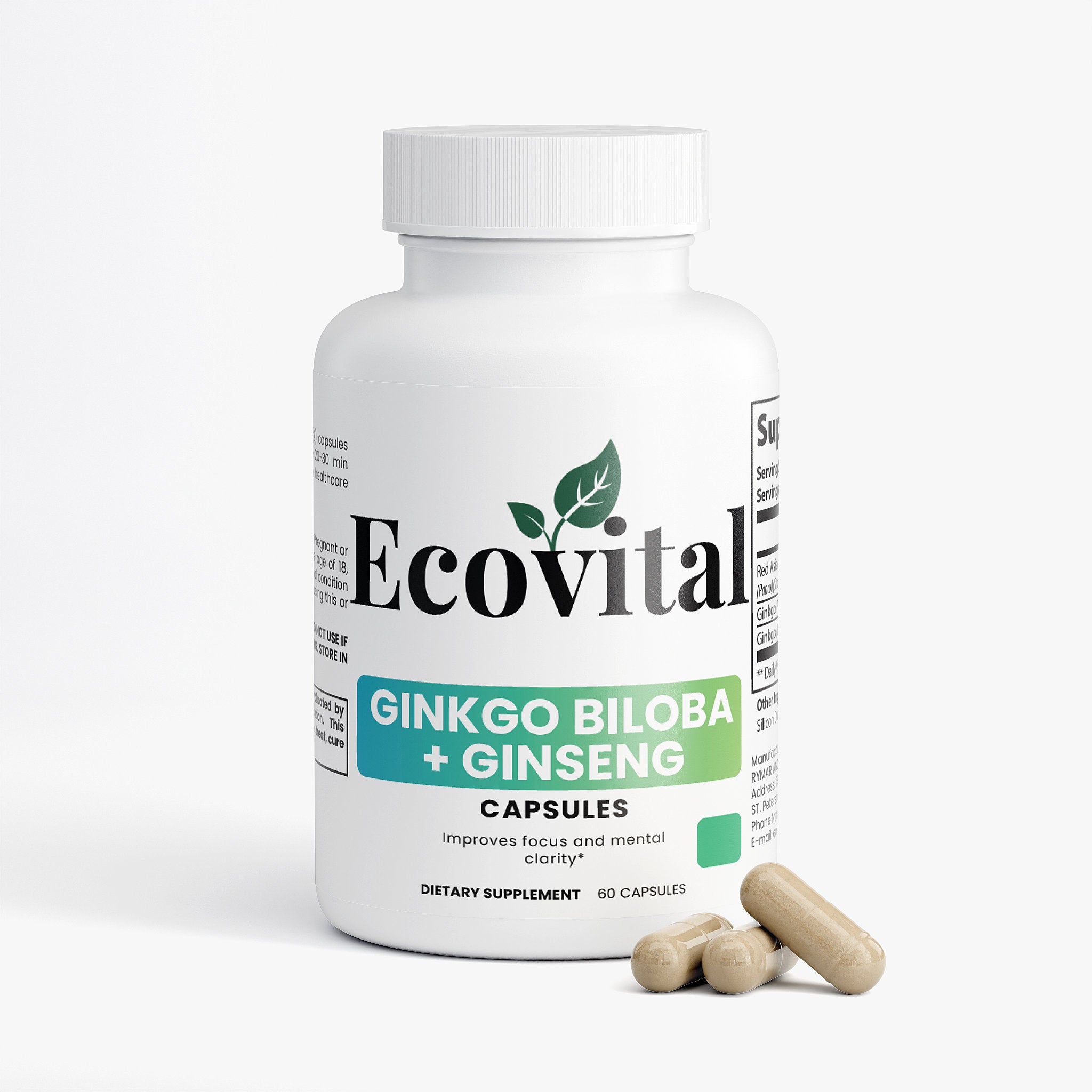 Ecovital Ginkgo Biloba + Ginseng supplement bottle with capsules on a white background