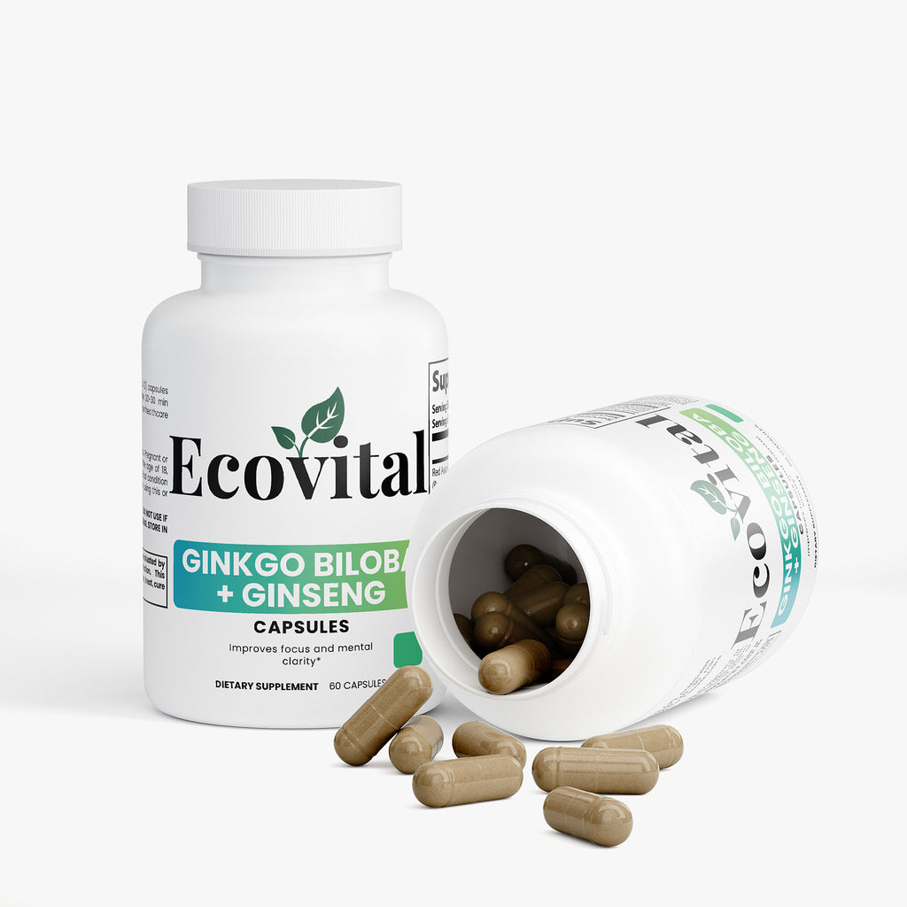 Ecovital Ginkgo Biloba + Ginseng supplement bottle with open lid on a white background