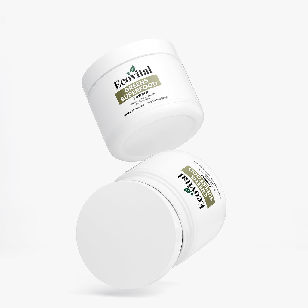 Two containers of EcoVital Green Superfood on a white background