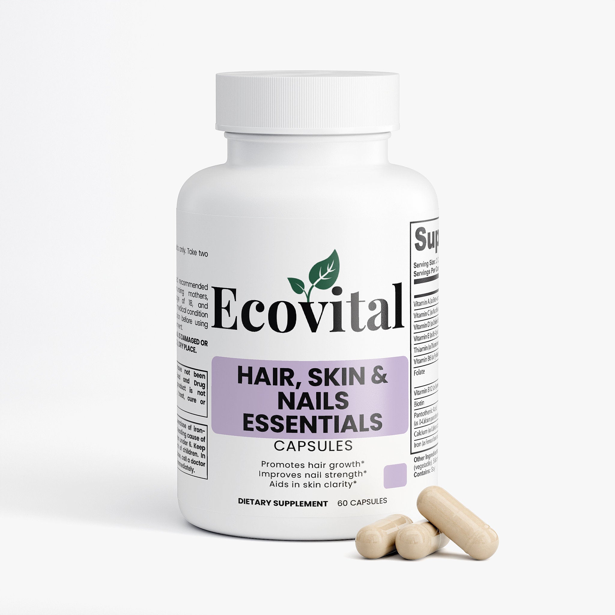 Ecovital Hair, Skin & Nails Essentials supplement bottle with capsules on a white background