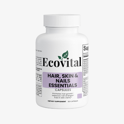 Ecovital Hair, Skin & Nails Essentials capsules bottle on a white background
