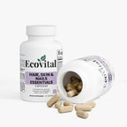 Ecovital hair, skin, and nails essentials capsules with open bottle on a white background