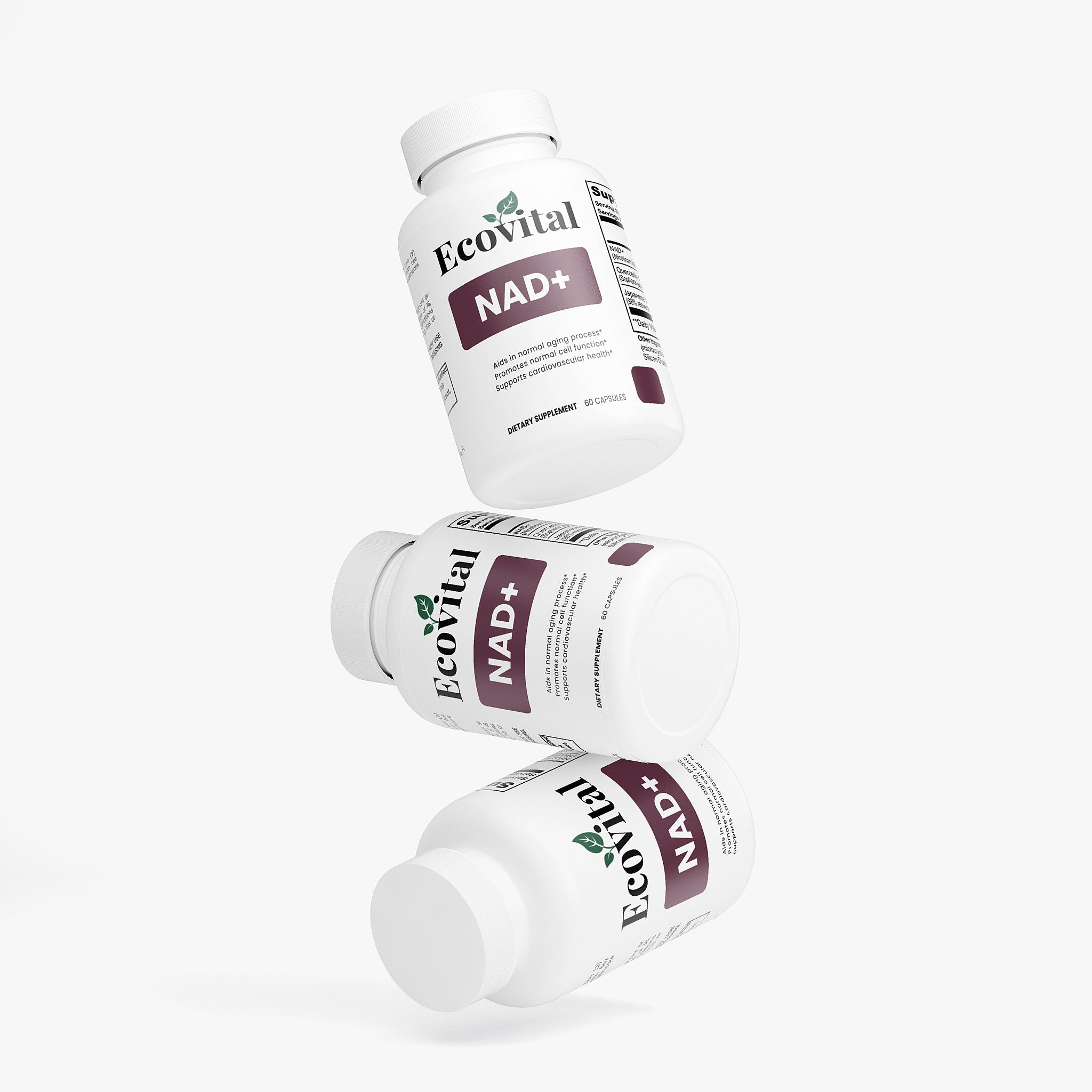 Three bottles of Ecovital NAD+ supplement on a white background