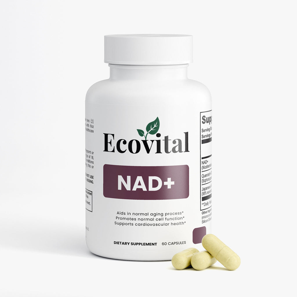 Ecovital NAD+ supplement bottle with capsules on a white background