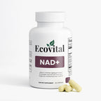 Ecovital NAD+ supplement bottle with capsules on a white background