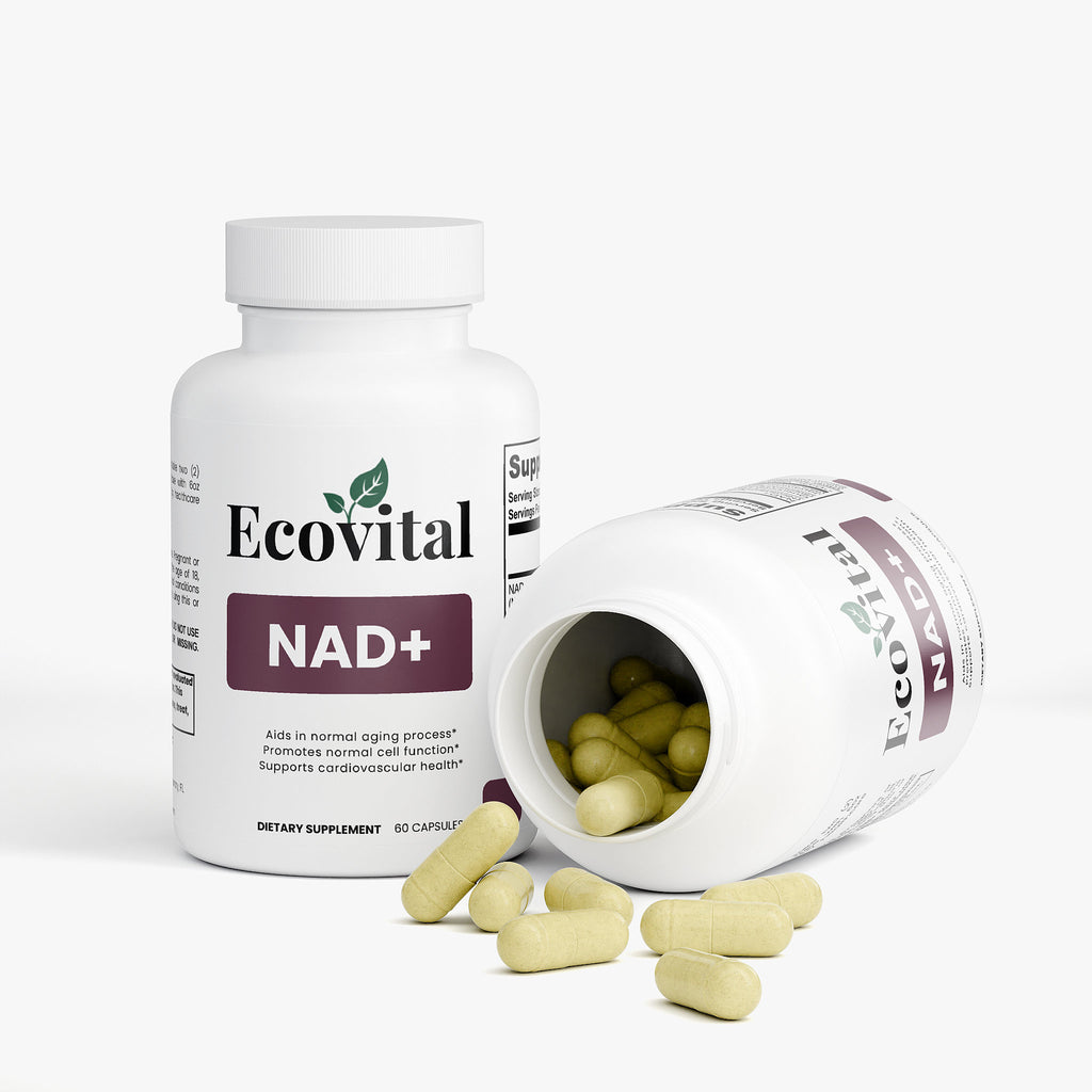 Ecovital NAD+ dietary supplement bottle with open cap showing capsules on a white background