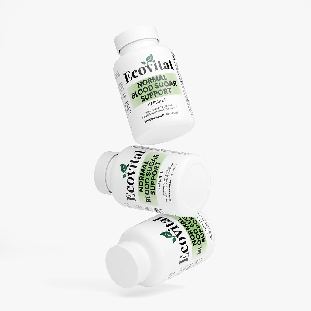 Three bottles of Ecovital Normal Blood Sugar Support on a white background