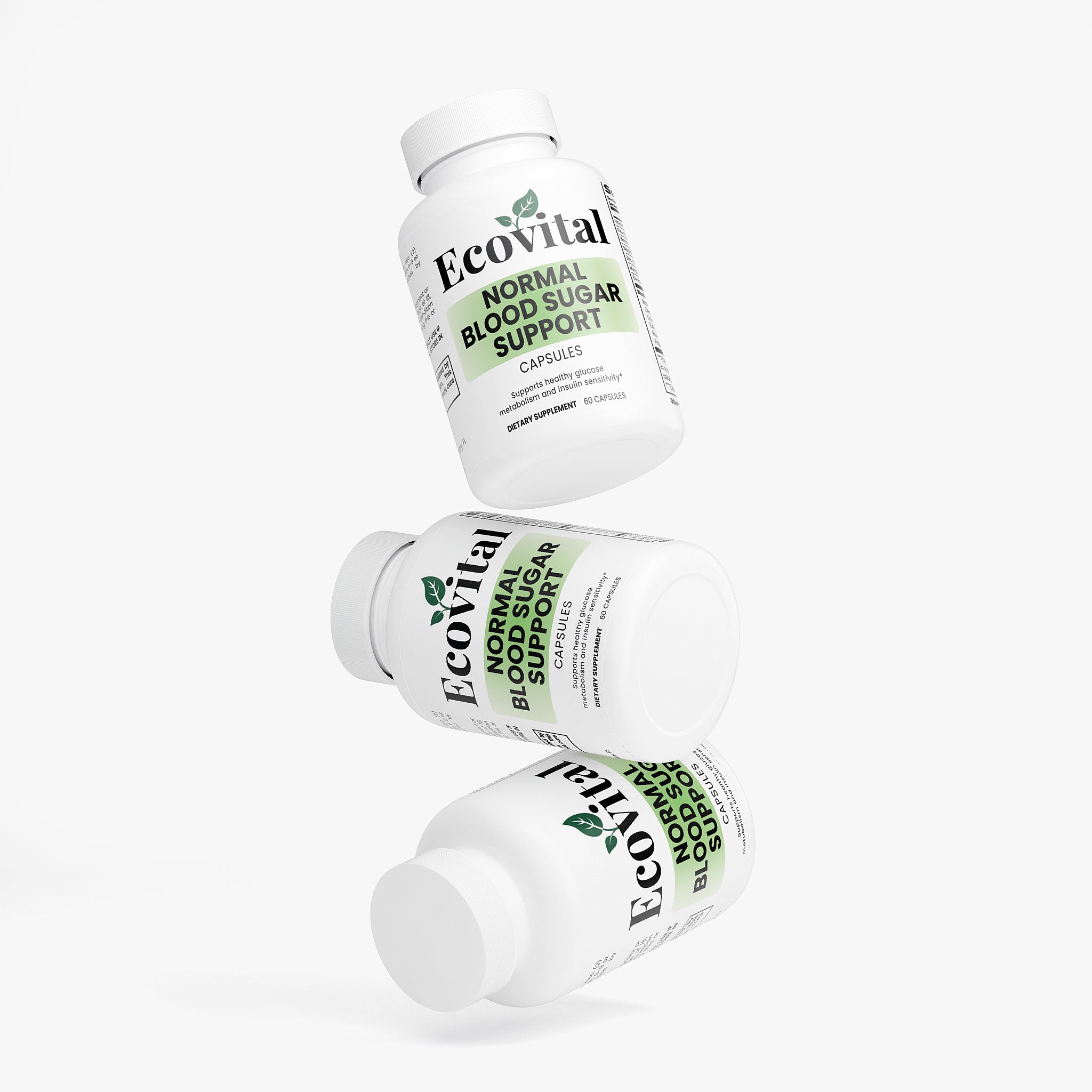 Three bottles of Ecovital Normal Blood Sugar Support on a white background
