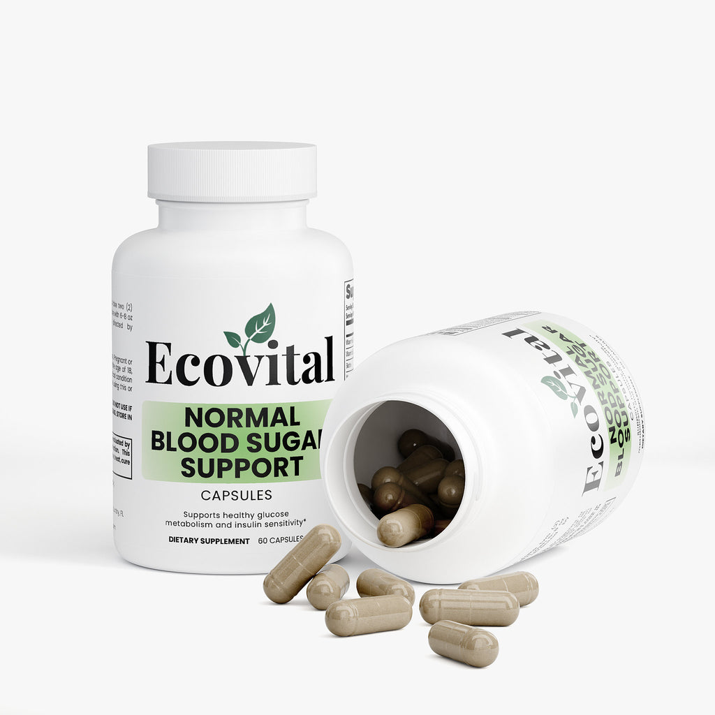 Ecovital normal blood sugar support capsules with open bottle on a white background