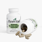 Ecovital normal blood sugar support capsules with open bottle on a white background
