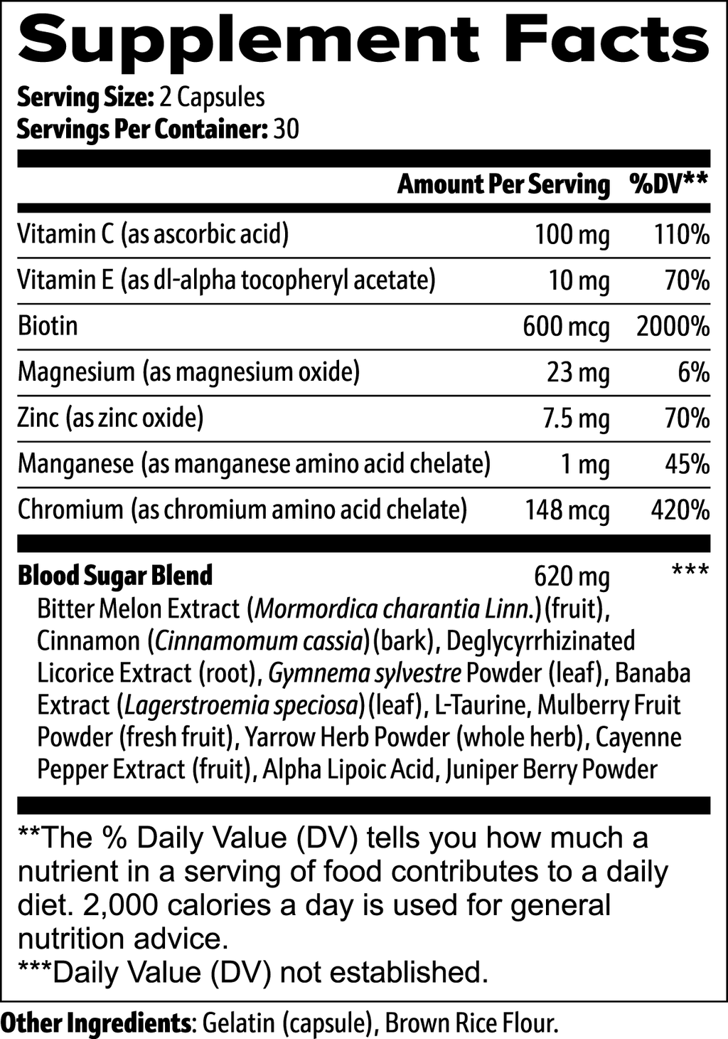 Supplement facts label with detailed nutritional information on a black background