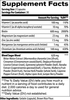 Supplement facts label with detailed nutritional information on a black background