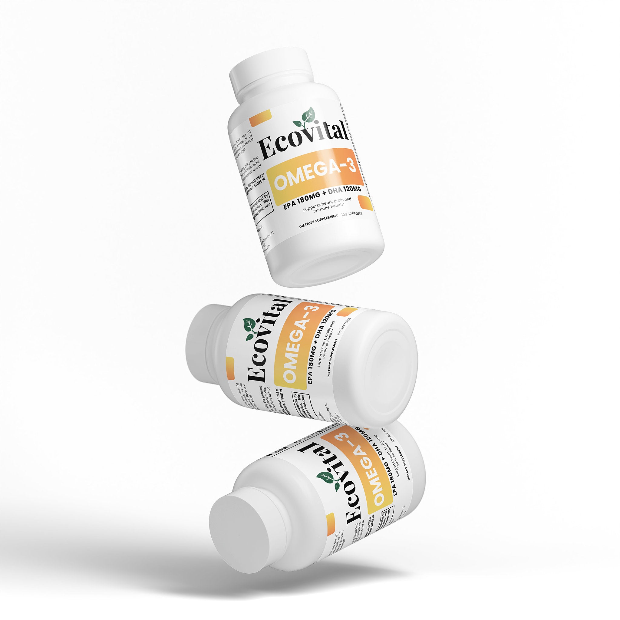 Three bottles of Ecovital Omega-3 supplement on a white background