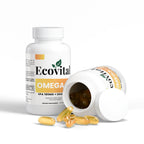 Ecovital Omega supplement bottle with open lid on a white background