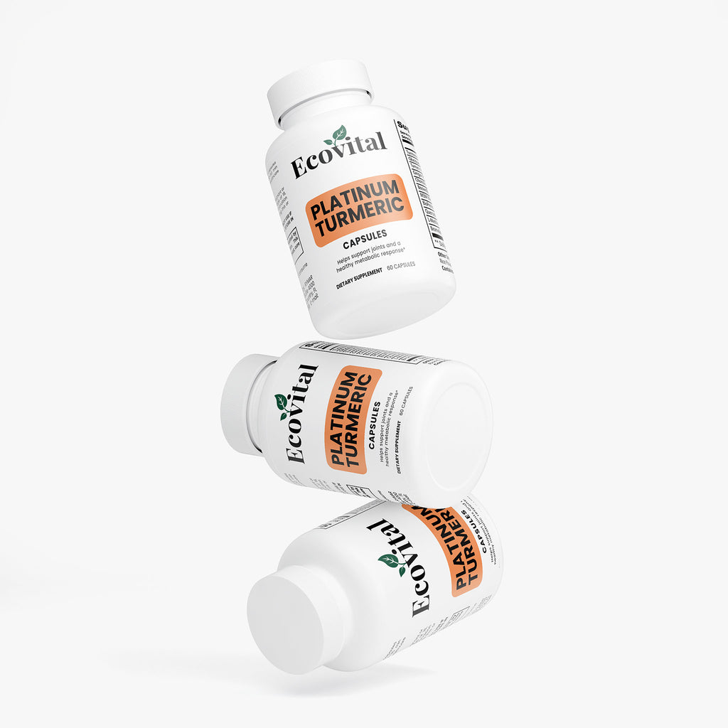 Three bottles of EcoVital Platinum Turmeric capsules on a white background