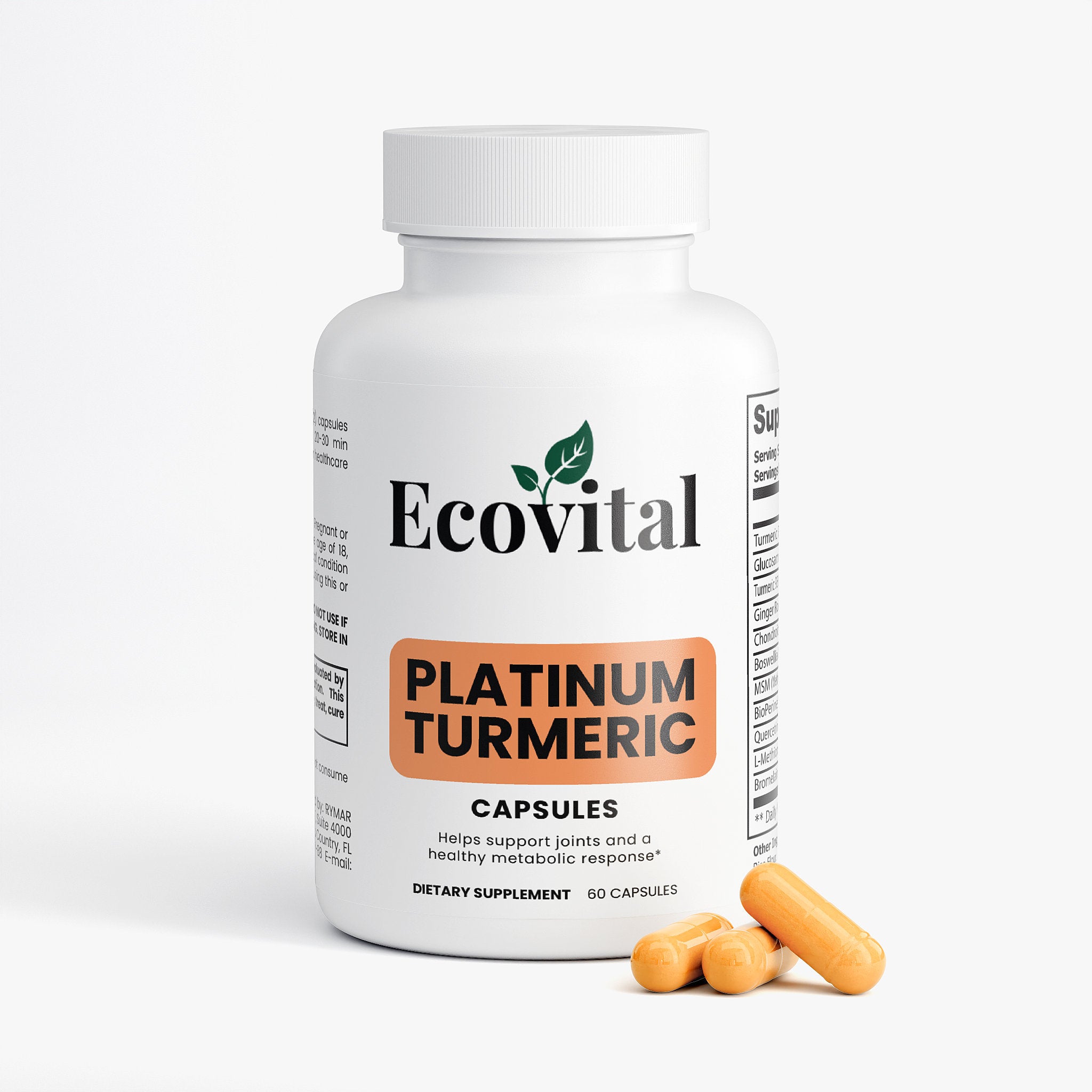 Ecovital Platinum Turmeric supplement bottle with capsules on a white background