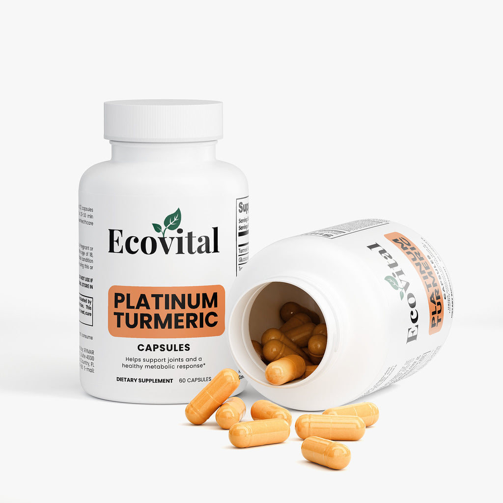 Ecovital Platinum Turmeric capsules with open bottle on a white background