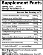 Supplement facts label with various health ingredients and their amounts per serving.