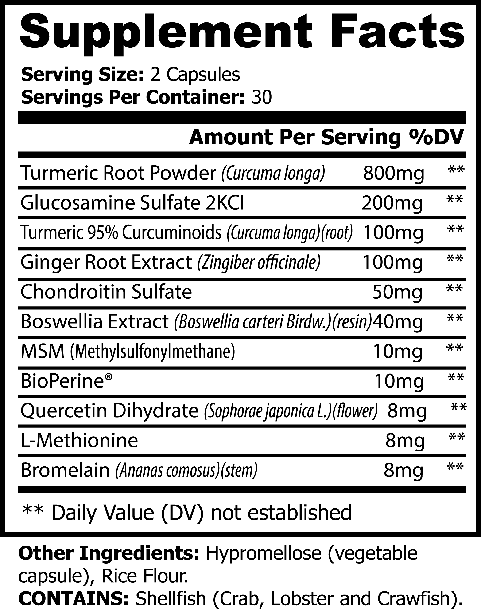Supplement facts label with various health ingredients and their amounts per serving.