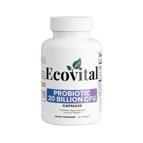 Ecovital probiotic supplement bottle on a white background