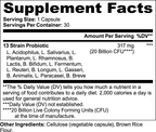 Supplement facts label for a probiotic product with serving size, servings per container, and ingredient list.