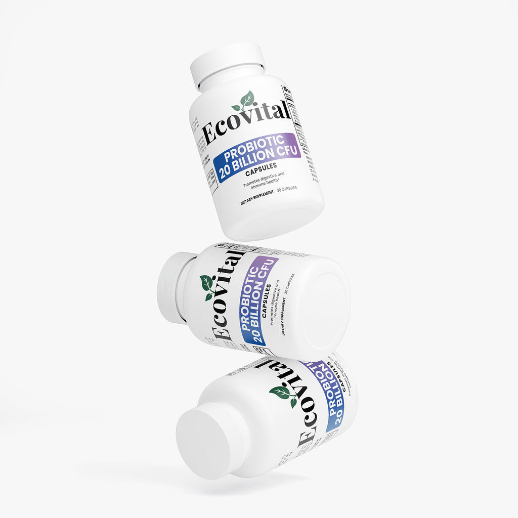 Three bottles of EcoVital probiotic capsules on a white background