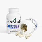 Ecovital probiotic capsules with open bottle on a white background