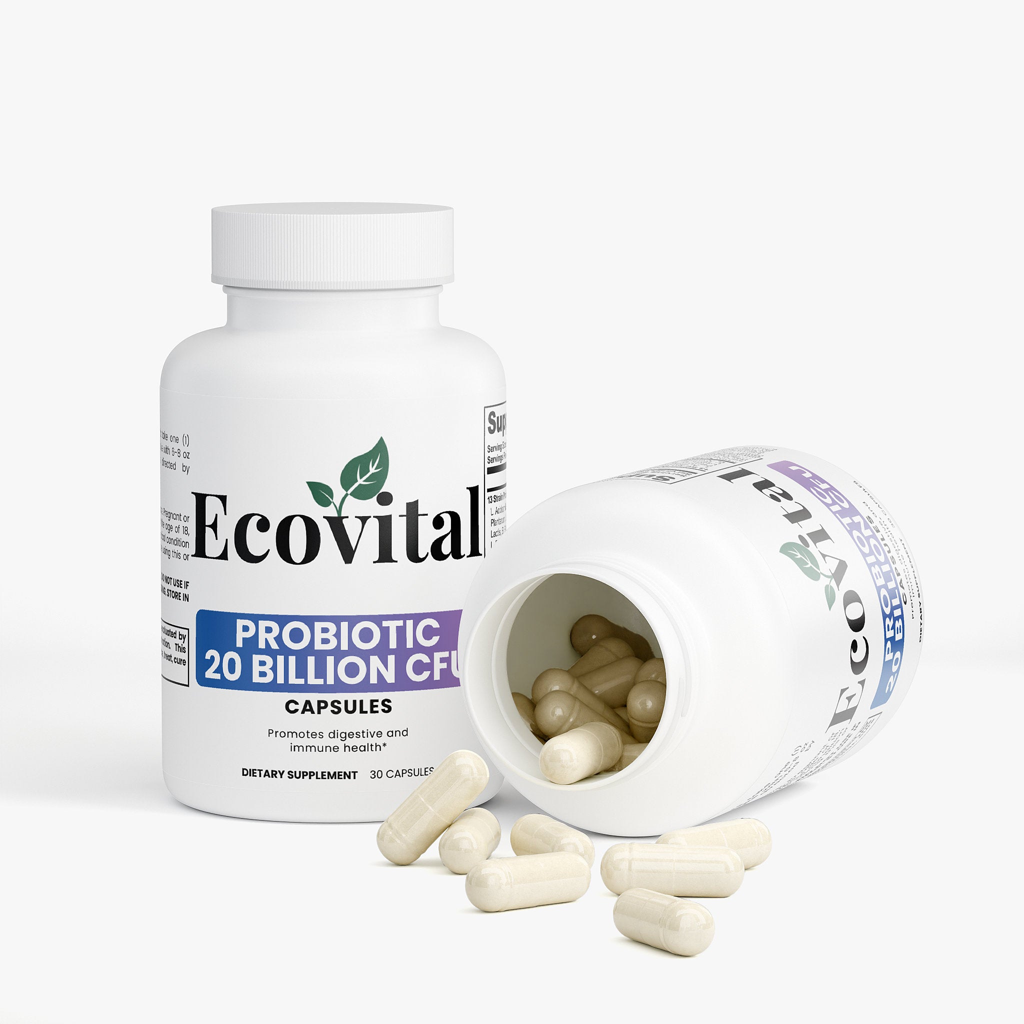 Ecovital probiotic capsules with open bottle on a white background