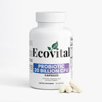Ecovital probiotic supplement bottle with capsules on a white background