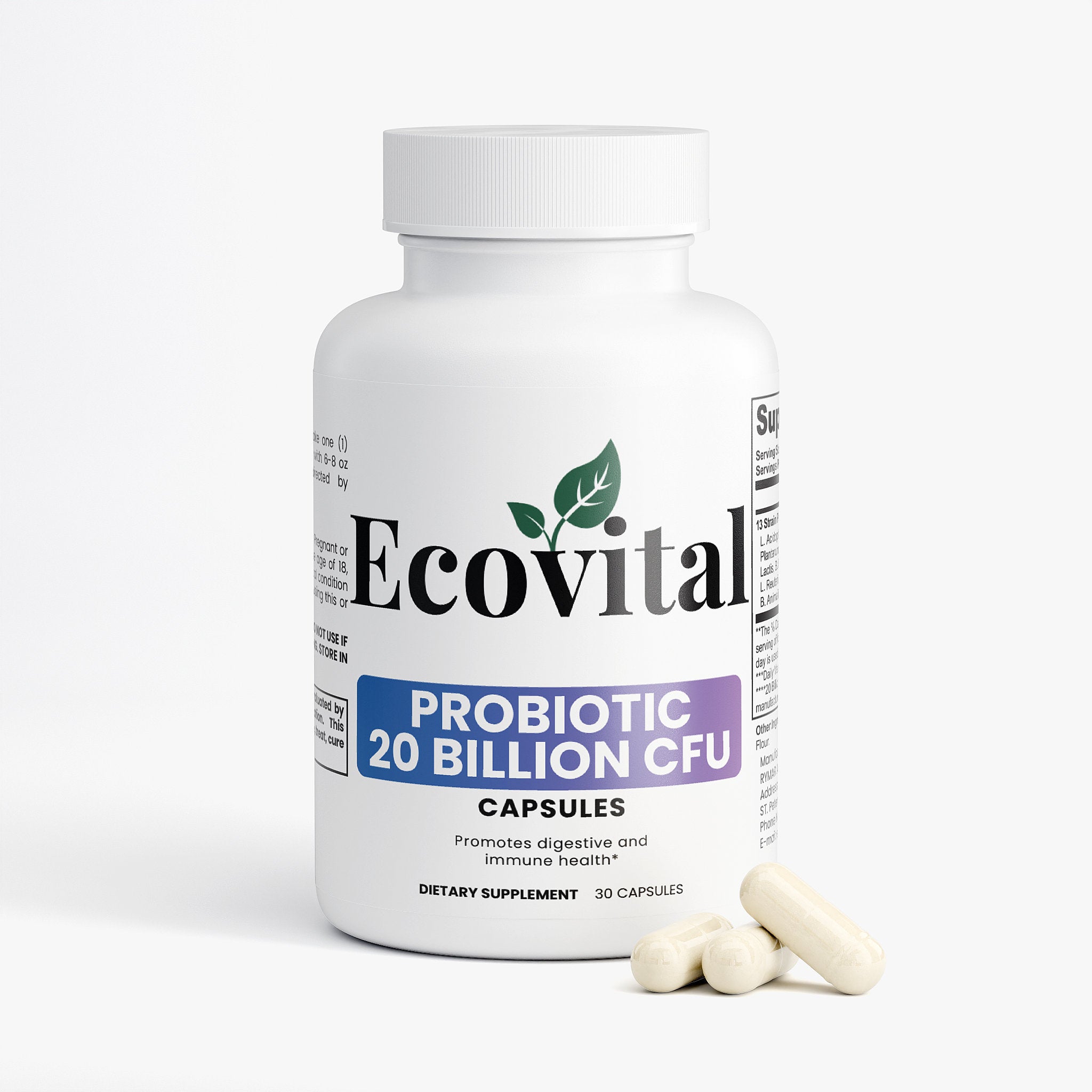 Ecovital probiotic supplement bottle with capsules on a white background