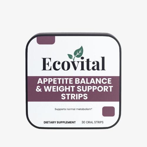 Packaging of Ecovital appetite balance and weight support strips on a white background