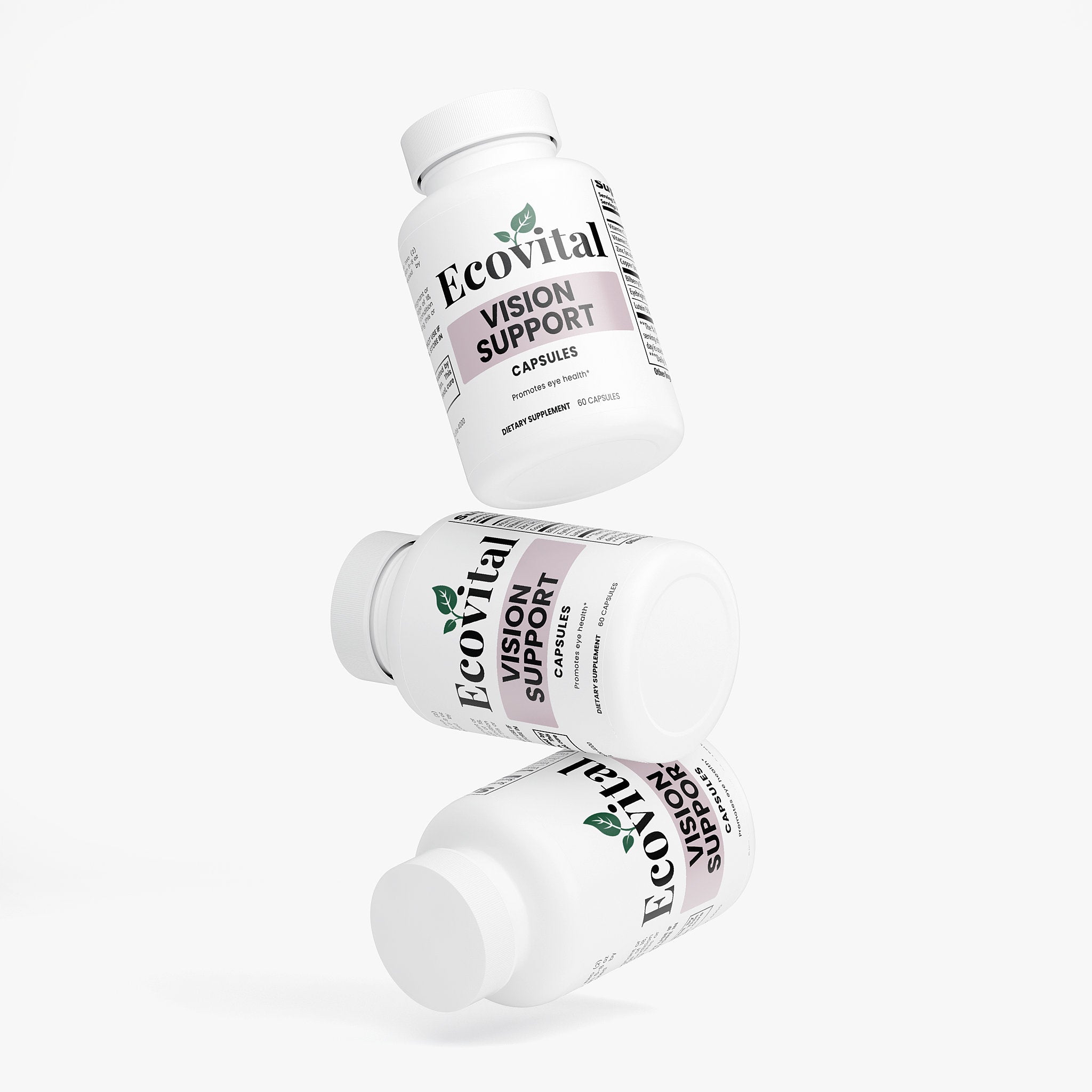 Three bottles of Ecovital Vision Support capsules on a white background