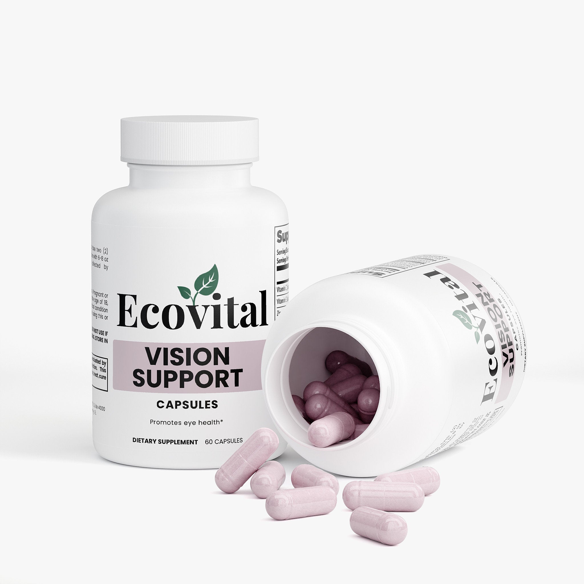 Ecovital Vision Support capsules with open bottle on a white background