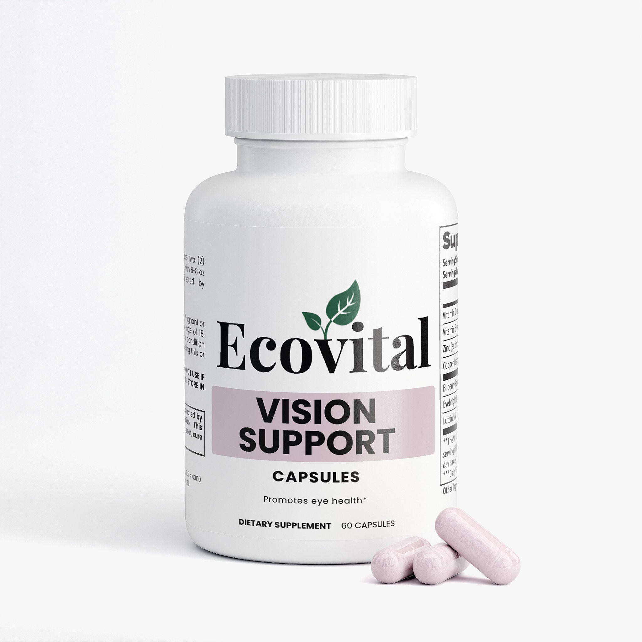 Ecovital Vision Support capsules bottle with two pink capsules on a white background