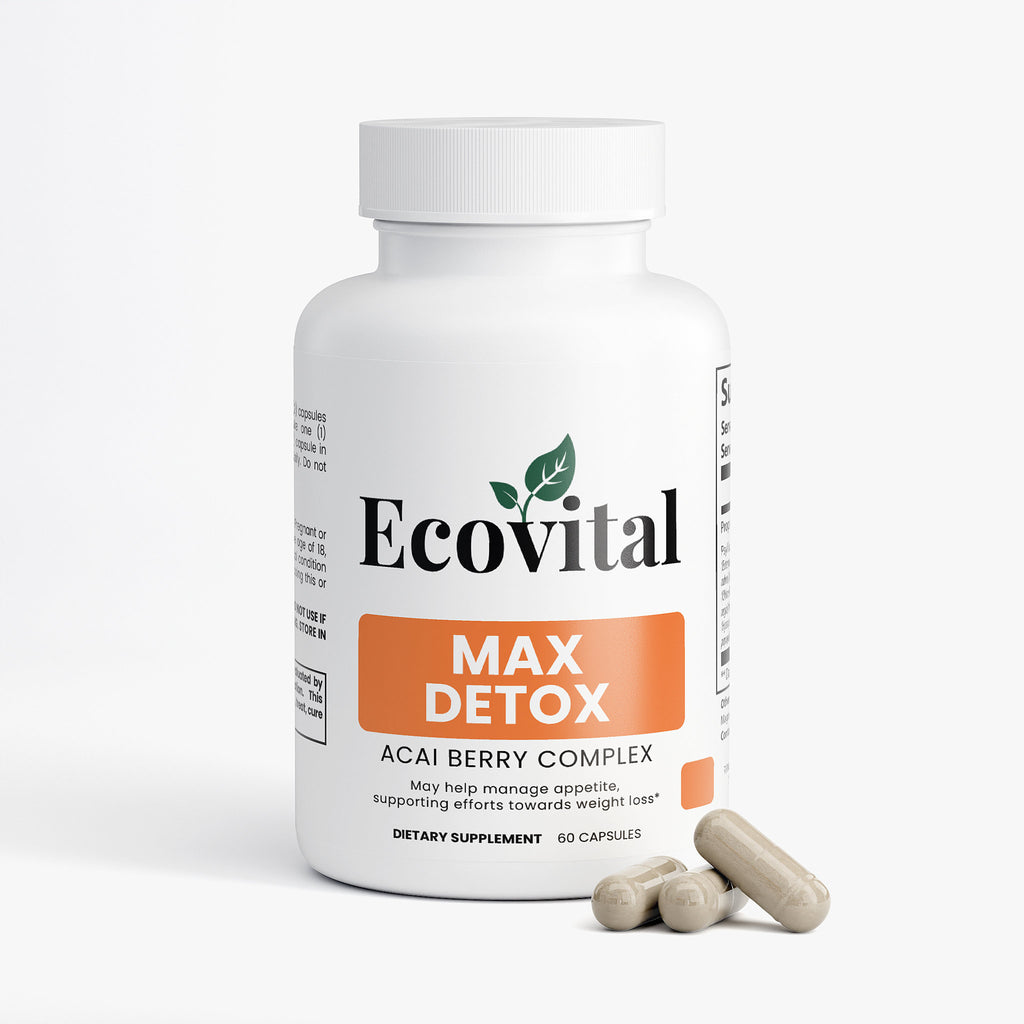 Ecovital Max Detox Acai Berry Complex dietary supplement bottle with capsules on a white background