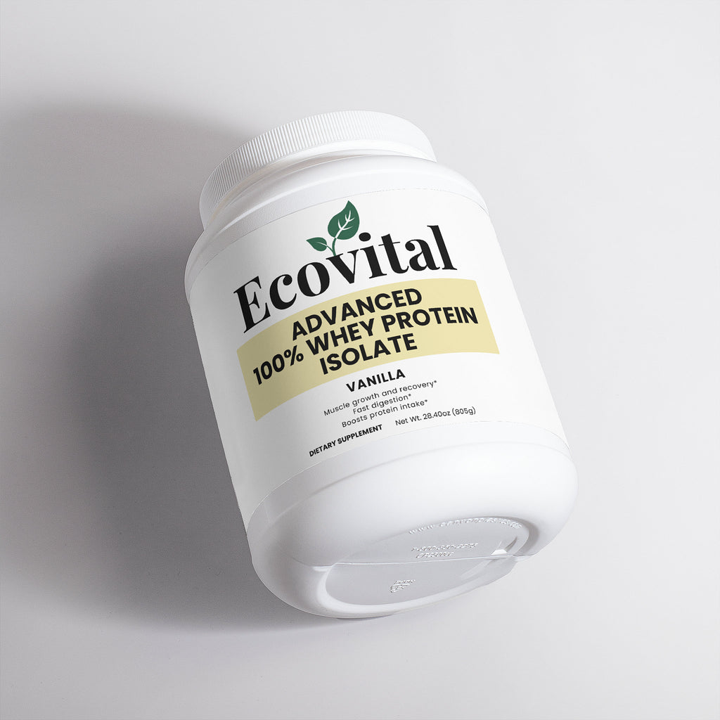 Ecovital Advanced 100% Whey Protein Isolate container on a light gray background